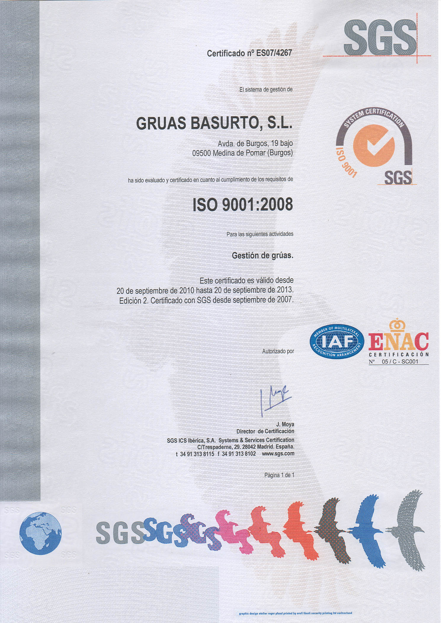 Certificado De Calidad Iso 9001 Gruas Basurto